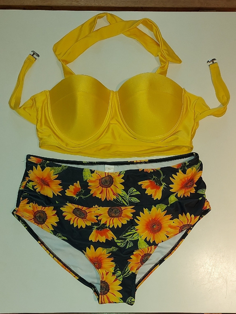 Yellow Halter Bikini Top with Sunflower High-Waist Bottoms - XL